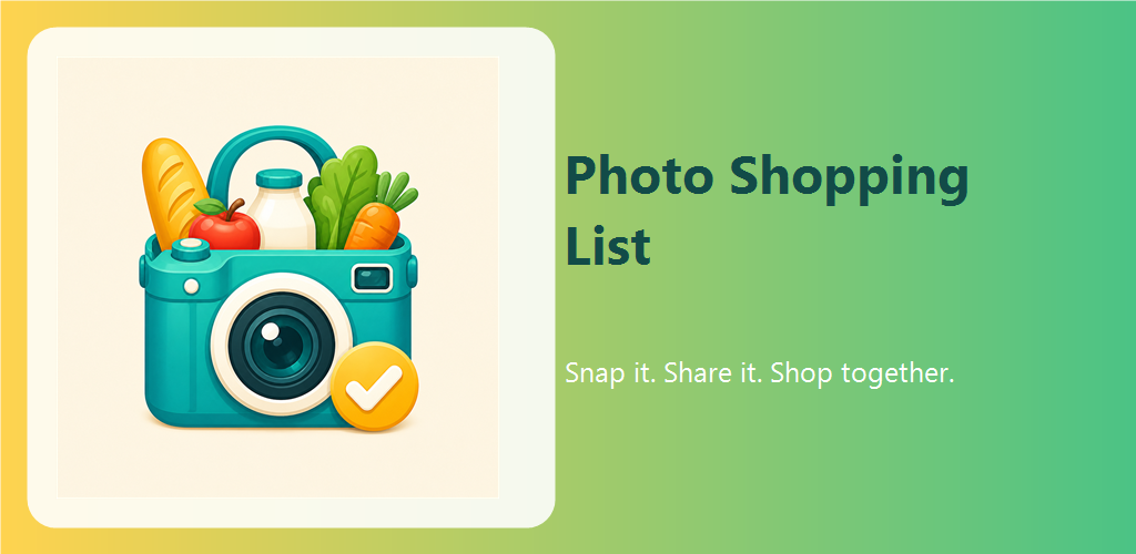 Photo Shopping List app artwork with a camera-shaped grocery basket